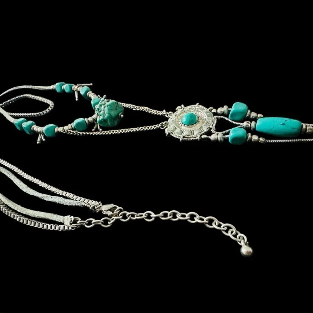 Silver Toned Faux Turquoise Stone Necklace Western Boho Leather Rawhide